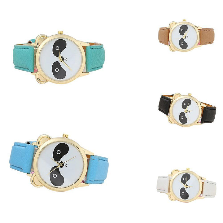 Girls Students Fashion Cartoon Panda Dial Faux Leather Analog Quartz Wrist Watch - MRSLM