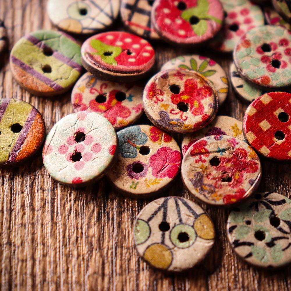 100 PCS Round Pattern Wooden Button Mixed 2 Hole Natural Sewing Children Handmade Clothes Buttons (1) - MRSLM