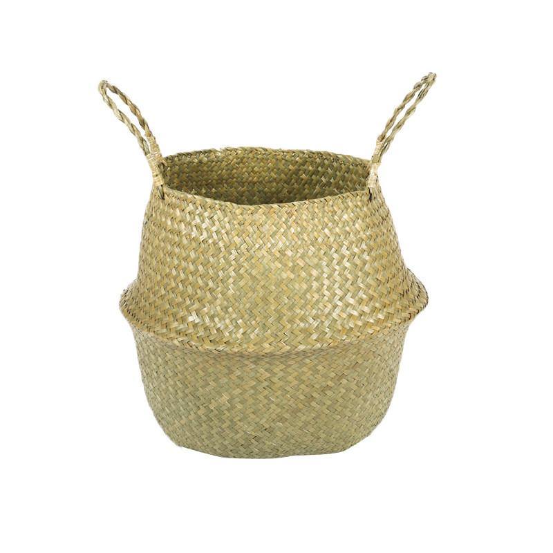 Handmade Seagrass Storage Baskets Foldable Laundry Straw Patchwork Wicker Rattan Seagrass Belly Garden Flower Pot Planter Basket - MRSLM