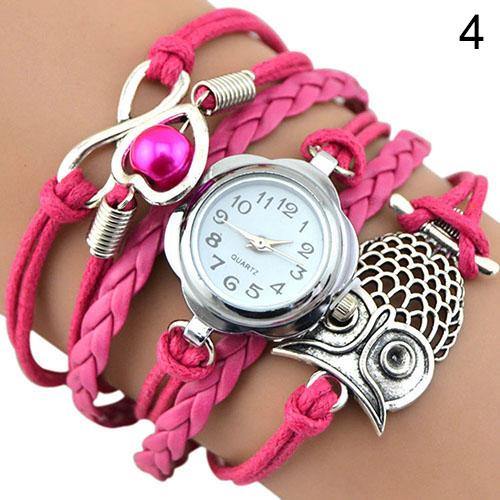 Women Owl Wax Cord Multilayer Knitted Faux Leather Bracelet Wrap Wrist Watch - MRSLM