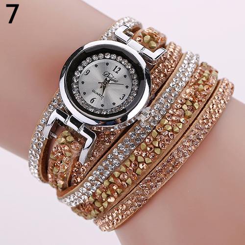 Women Fashion Multilayer Rhinestone Faux Leather Strap Bracelet Wrist Watch - MRSLM