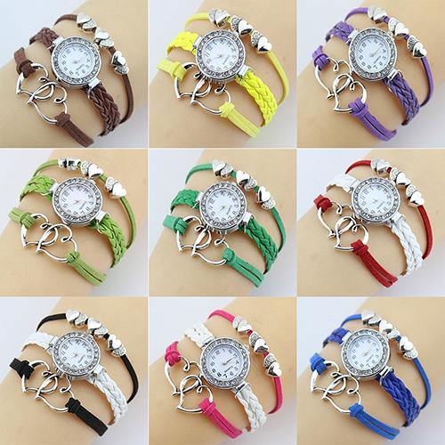 Double Heart Multilayer Cuff Bracelet Wristwatch Faux Leather Knited Bangle Watch - MRSLM