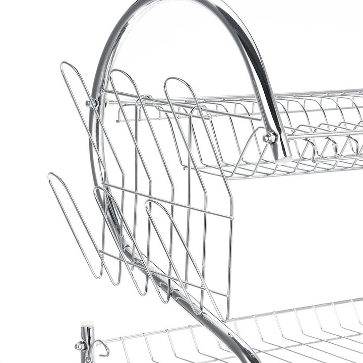 2 Layer 16 Inch Chrome Dish Rack Cup Drying Drainer Tray Cutlery Holder - MRSLM