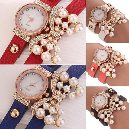 Women's Butterfly Faux Pearls Bracelet Faux Leather Rhinestone Wrap Wrist Watch - MRSLM