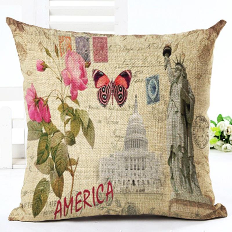 Honana 45x45cm Home Decoration Eiffel Tower Style Flowers Butterflies Pillow Case Cotton Linen Cushion Cover Home Sofa Car Decor - MRSLM