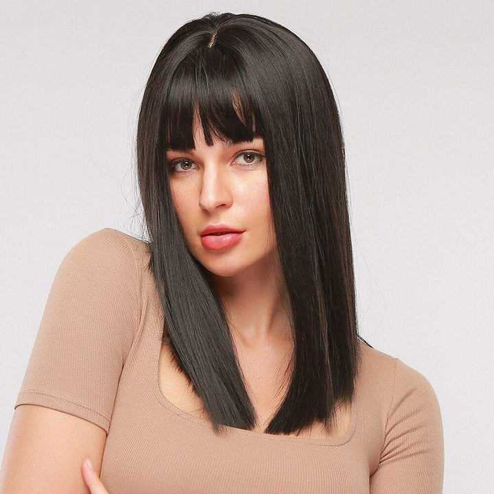 16 Inch Black Medium Length Straight Hair Natural Shawl Breathable Bangs Synthetic Wigs - MRSLM