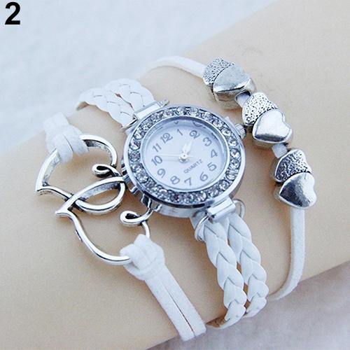 Double Heart Multilayer Cuff Bracelet Wristwatch Faux Leather Knited Bangle Watch - MRSLM