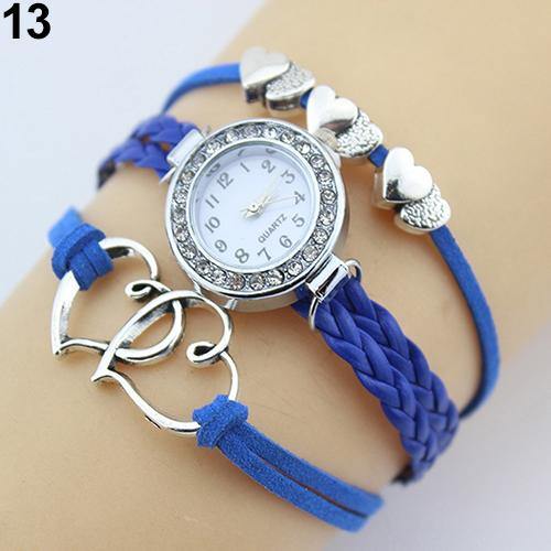 Double Heart Multilayer Cuff Bracelet Wristwatch Faux Leather Knited Bangle Watch - MRSLM