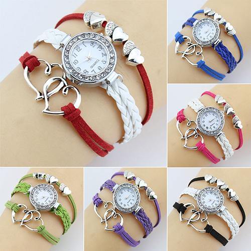 Double Heart Multilayer Cuff Bracelet Wristwatch Faux Leather Knited Bangle Watch - MRSLM