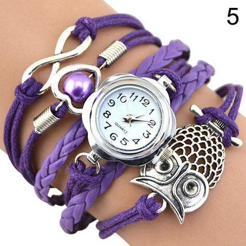 Women Owl Wax Cord Multilayer Knitted Faux Leather Bracelet Wrap Wrist Watch - MRSLM