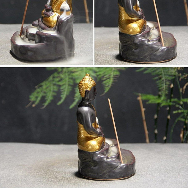 Ceramic Buddha Incense Statue Buddhist Smoke Backflow Cone Censer Burner Holder Home Decor - MRSLM