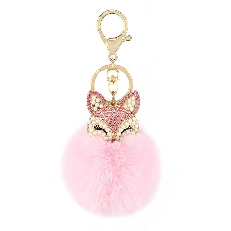 Women's Rhinestones Decorated Fox Fur Ball Keychain