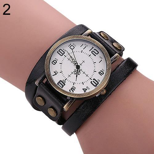 Unisex Retro Style Multi-Layers Leather Strap Bangle Wrap Bracelet Wrist Watch - MRSLM