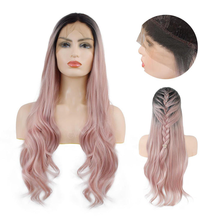 24 Inch T Pink Wig Front Lace Chemical Fiber Wig ladies high temperature silk half hand hook big curly hair - MRSLM