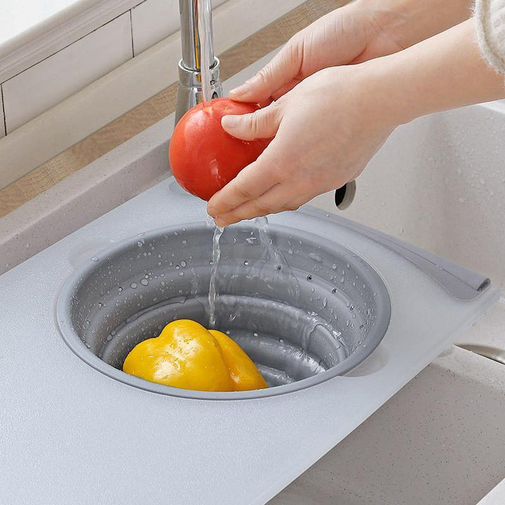 Kitchen Telescopic Multifunctional Thick Plastic Chopping Board Drain Storage Basket (Grey) - MRSLM