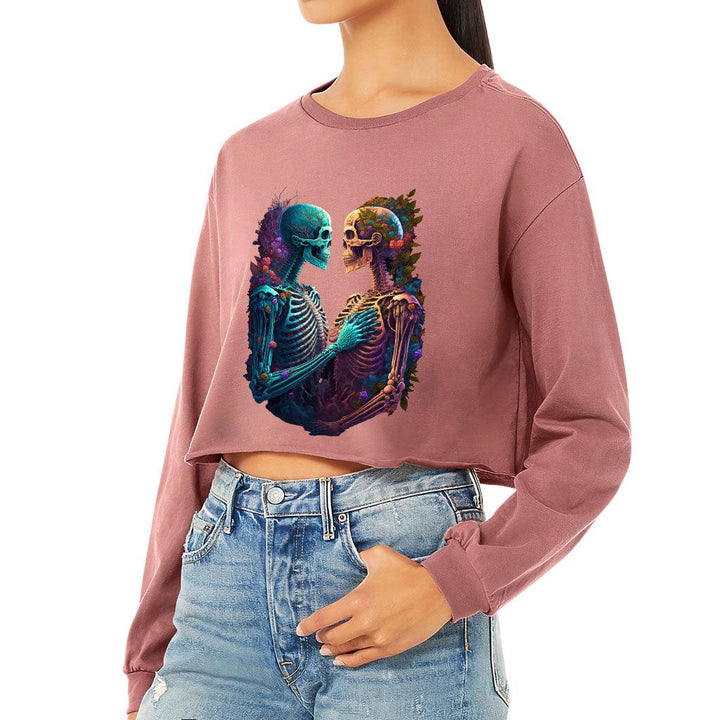 Skeleton Couple Cropped Long Sleeve T-Shirt - Floral Women's T-Shirt - Printed Long Sleeve Tee - MRSLM