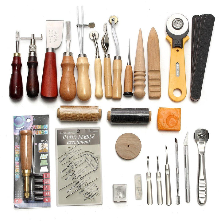 37Pcs Leather Craft Tool Kit Hand Sewing Stitching Punch Saddle Carving Work - MRSLM