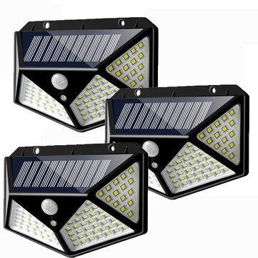 3pcs 100 LED Solar Powered PIR Motion Sensor Wall Light Outdoor Garden Lamp 3 Modes - MRSLM