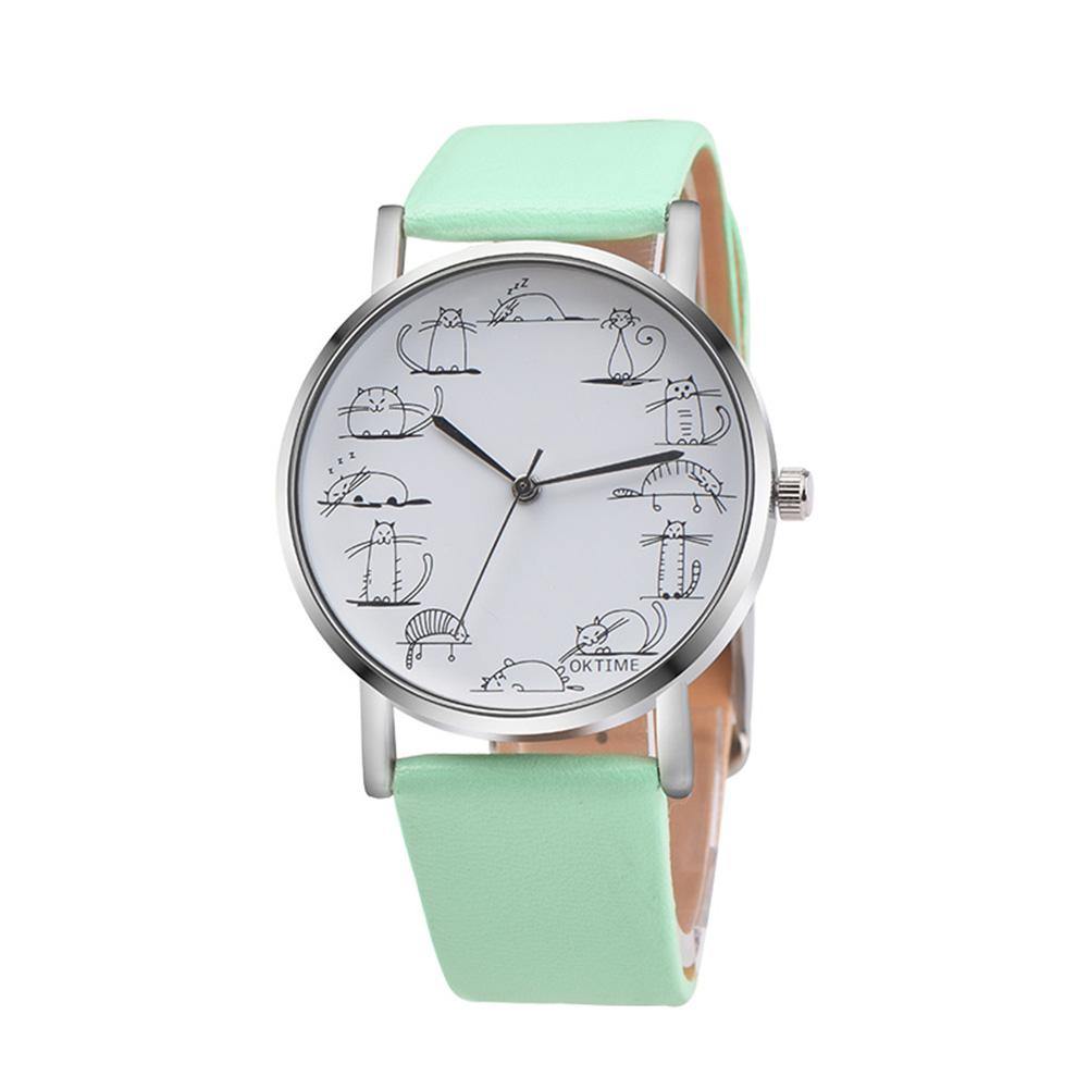 Girl Retro Design Lovely Kitty Cartoon Cat Faux Leather Band Alloy Wristwatch - MRSLM