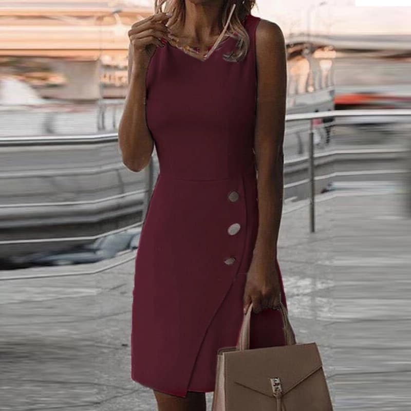 Women's Solid Color O-Neck Button Design Dress