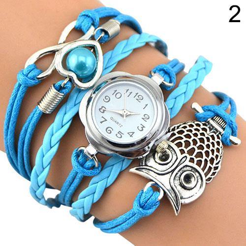 Women Owl Wax Cord Multilayer Knitted Faux Leather Bracelet Wrap Wrist Watch - MRSLM