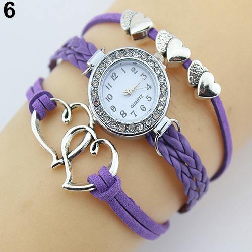 Double Heart Multilayer Cuff Bracelet Wristwatch Faux Leather Knited Bangle Watch - MRSLM