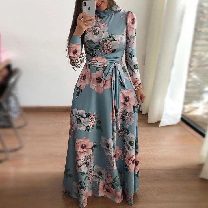 New Style European And American Style Flower Print Short-sleeved Big Dress Women - MRSLM