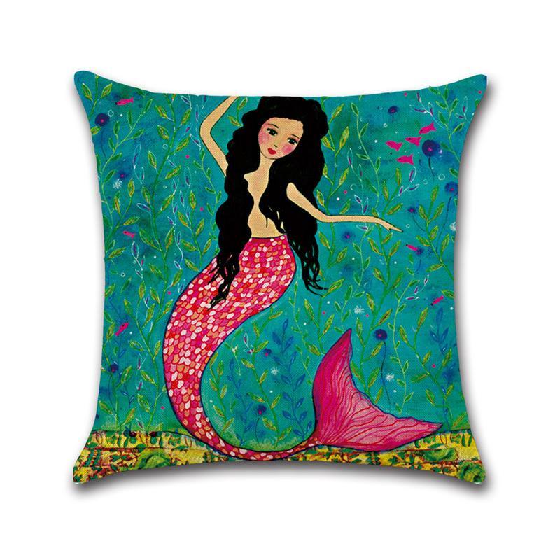 Mermaid Printed Cotton Linen Cushion Cover Square Home Decor Soft Comfortable Pillow Case - MRSLM