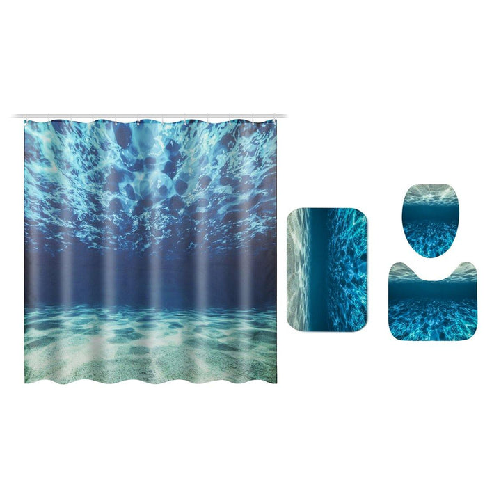 Blue Sea Ocean Style Bathroom Waterproof Shower Curtain Toilet Cover Mat Non-Slip Rugs Decor - MRSLM