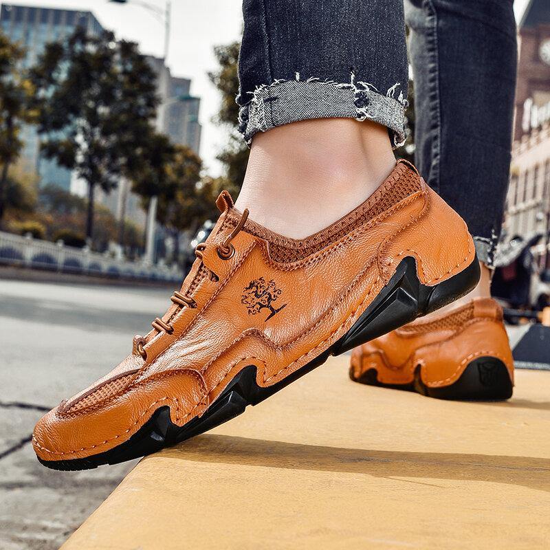 Men Comfy Leather Hand Stitching Breathable Mesh Fabric Non Slip Soft Casual Driving Shoes - MRSLM