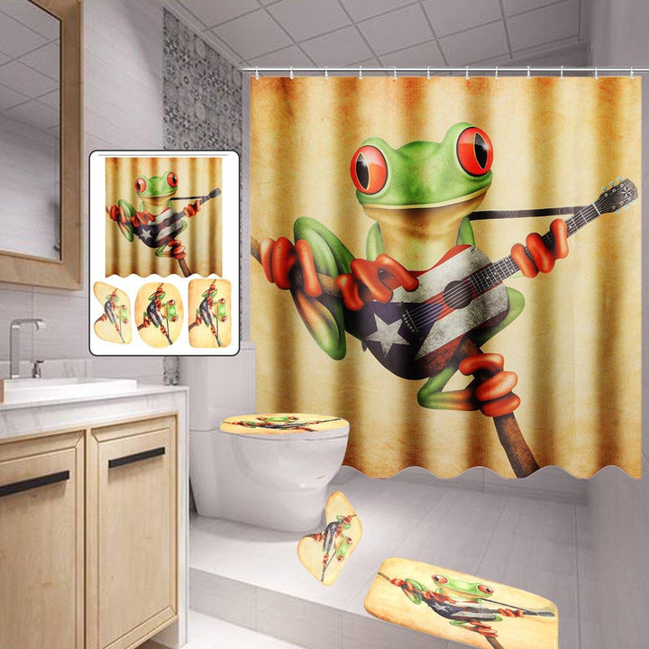 Frog Playing Guitar Bathroom Shower Curtain Anti-skid Bath Carpet Rugs Toilet Seat Cover Bath Mat Set - MRSLM