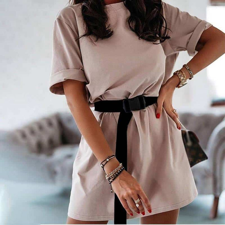 Summer Women's Shirt Style Mini Dress with Black Belt