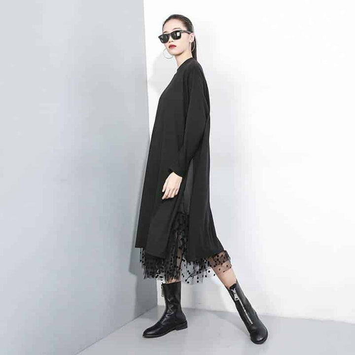 Women's Black Mesh Split Joint Dress with Stand Collar