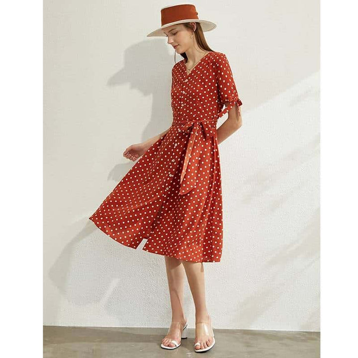 Women's Dot Printed V-Neck High Waist Dress