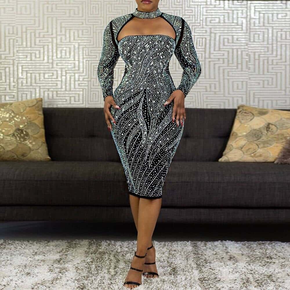 Women's Shiny Rhinestone Long Sleeved Dress