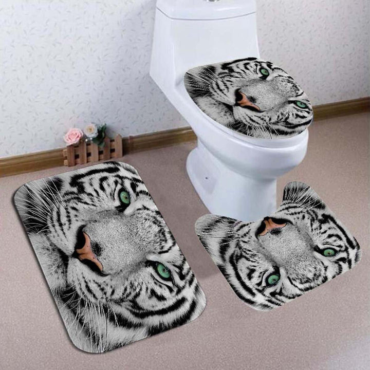 4PCS White Tiger Animal Style Shower Curtain Bathroom Carpet Rug Toilet Cover Mats Decoration - MRSLM