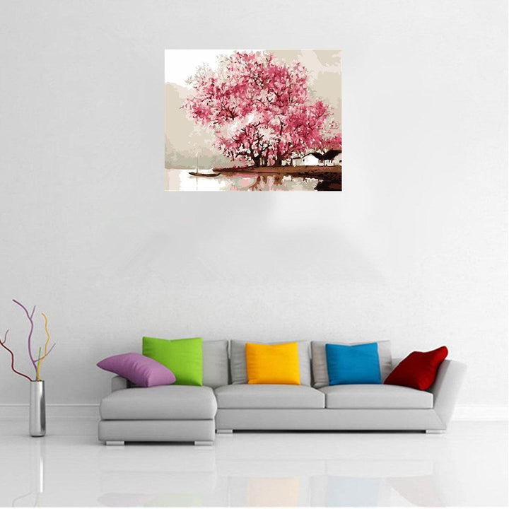 Oil Painting By Number Kit Pink Cherry Blossom Tree Painting DIY Acrylic Pigment Painting By Numbers Set Hand Craft Art Supplies Home Office Decor - MRSLM