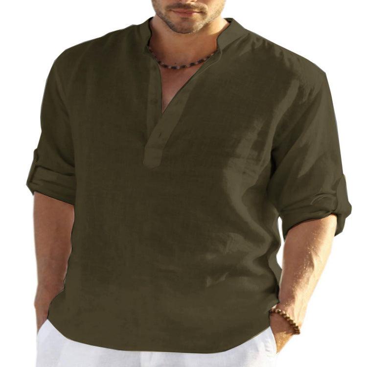 Men's Casual Cotton Linen Solid Color Long Sleeve Shirt Loose Stand Collar - MRSLM