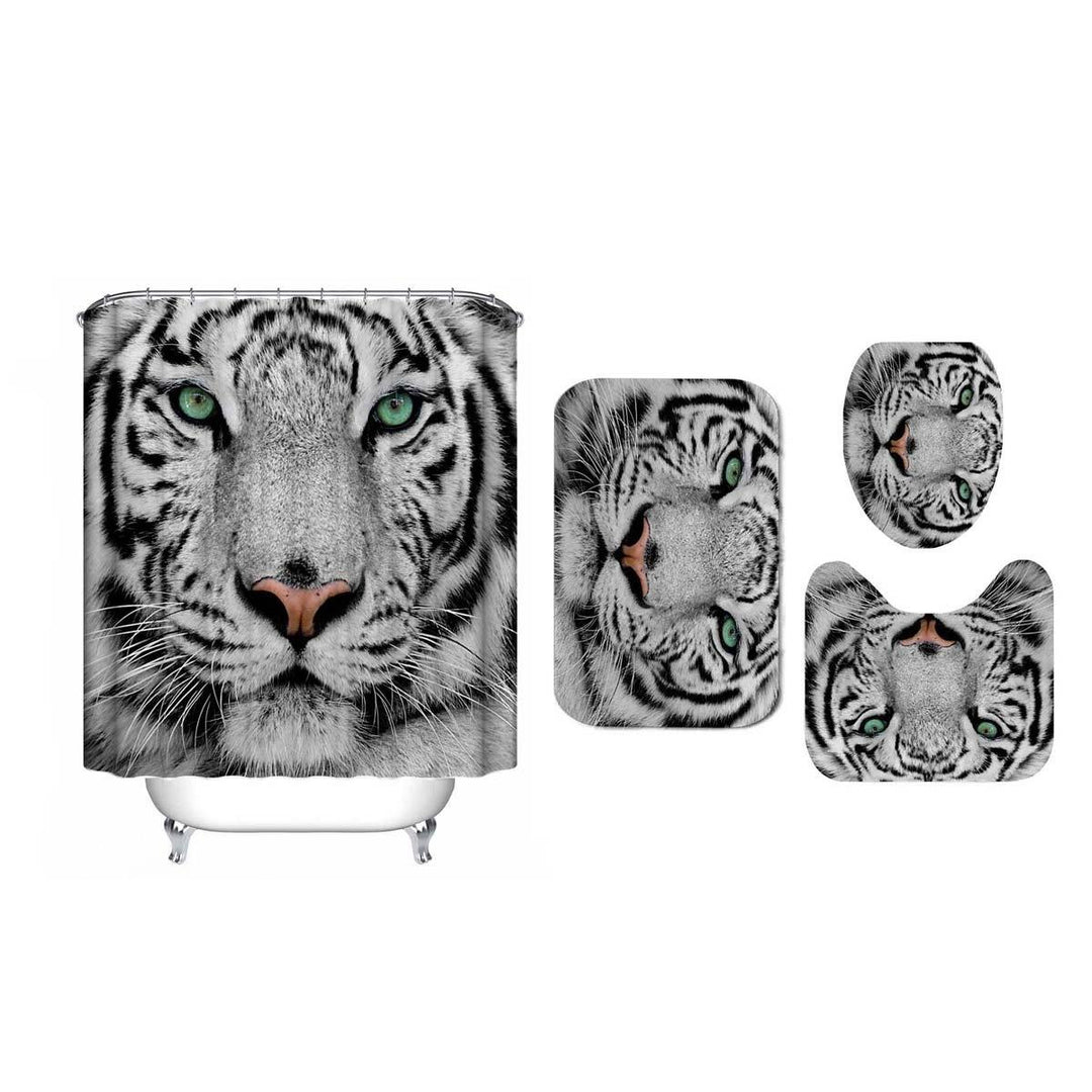 4PCS White Tiger Animal Style Shower Curtain Bathroom Carpet Rug Toilet Cover Mats Decoration - MRSLM