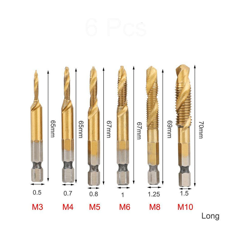 6Pcs 1/4 Inch M3-M10 Screw Tap HSS Combination Drill Tap Bit Set Hex Shank Deburr Countersink Bits - MRSLM