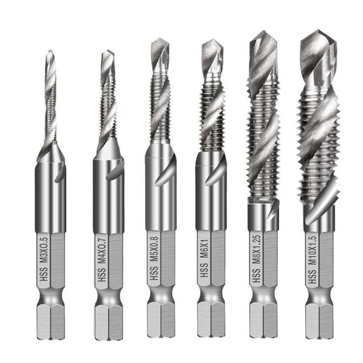 6Pcs 1/4 Inch M3-M10 Screw Tap HSS Combination Drill Tap Bit Set Hex Shank Deburr Countersink Bits - MRSLM