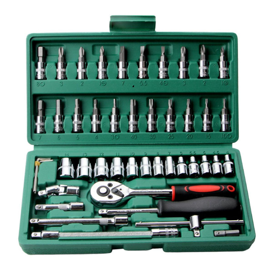 46Pcs 1/4 Inch Car Repair Tool Set Ratchet Torque Wrench Combo Hand Tools Mixed Kit - MRSLM