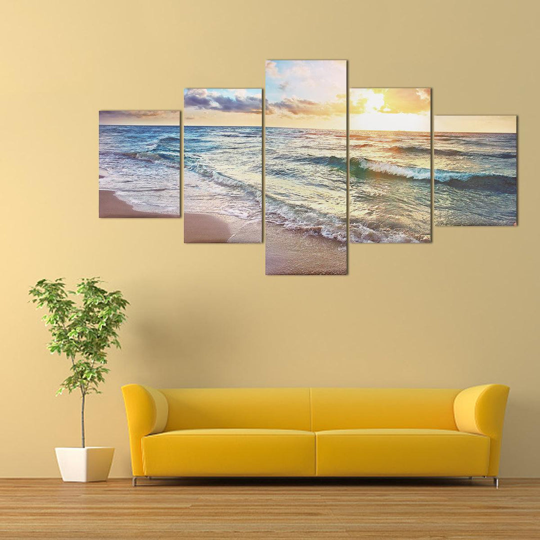 5 Panels Unframed Modern Canvas Seascape Sunrise Art Hanging Picture Room Wall Art Pictures Home Wall Decoration Supplies - MRSLM