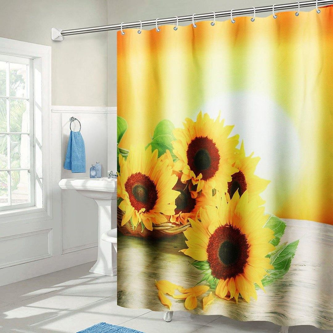 Sunflower Waterproof Polyester Shower Curtain Bathroom Carpet + Pedestal Rug + Toilet Seat Cover - MRSLM