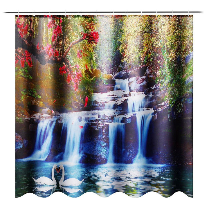 180x180cm Swans Flowers Cascade Waterproof Shower Curtain with 12pcs C-type Hooks Bathroom Set - MRSLM