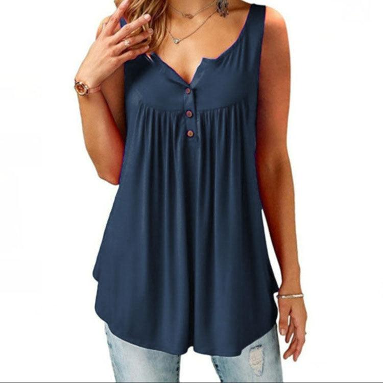 Solid Color Gathered Sleeveless Women's Casual T-Shirt Mid Length Button Vest - MRSLM