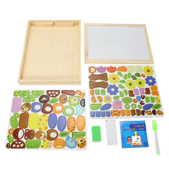 Kids Wooden Magnetic Puzzle Animals Multifunctional Educational Learning Box Double-sided Drawing Board Puzzle Toys Gifts - MRSLM