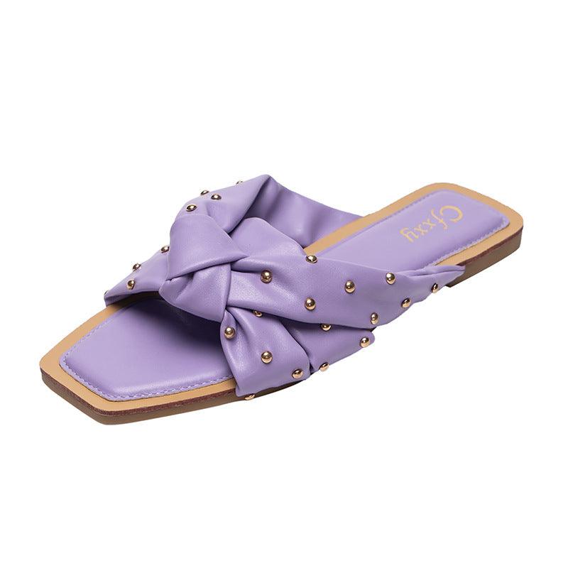 Summer New Style Rivet Woven Slippers Female Cross Flat-bottomed Female Sandals - MRSLM