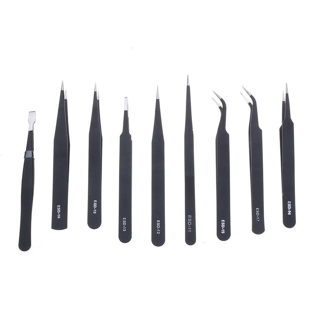 9 Pcs ESD Tweezer Anti-static Stainless Steel Precisiion Tweezers for Electronics Nail Beauty - MRSLM