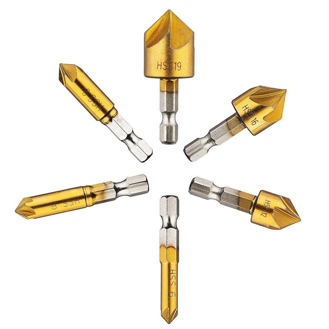 Drillpro 6Pcs 6-19mm Countersink Drill Bit 5 Flutes Hex Shank Titanium Coated Chamfer Cutter Set - MRSLM